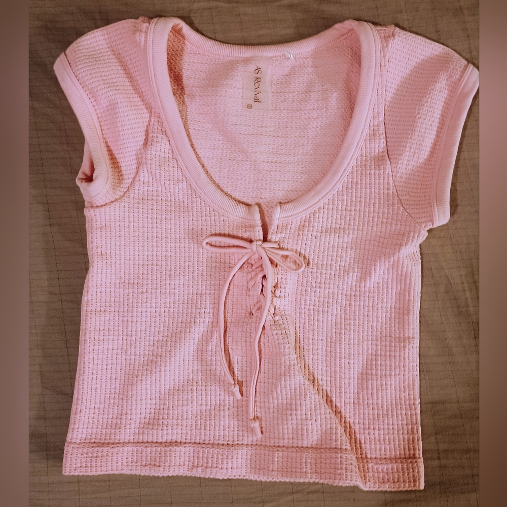 Altar'd State AS Revival Pink Ribbed Tie-Front Top